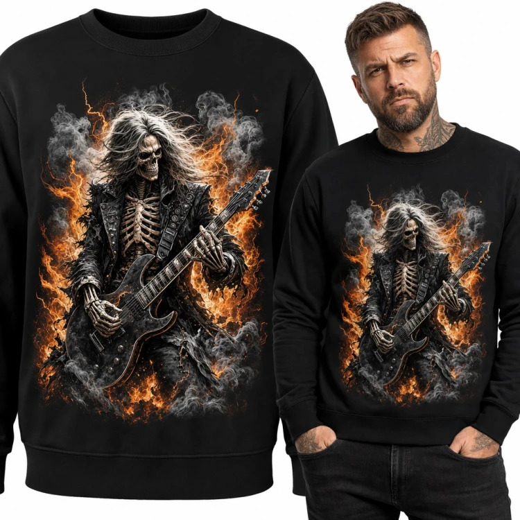 Bluza męska bez kaptura - szkielet rockman z gitarą elektryczną w płomieniach