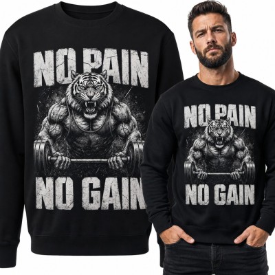 Bluza męska bez kaptura - „No pain no gain” z tygrysem ze sztangą na siłownię
