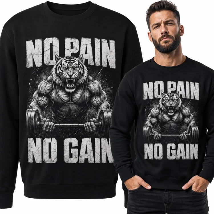 Bluza męska bez kaptura - „No pain no gain” z tygrysem ze sztangą na siłownię