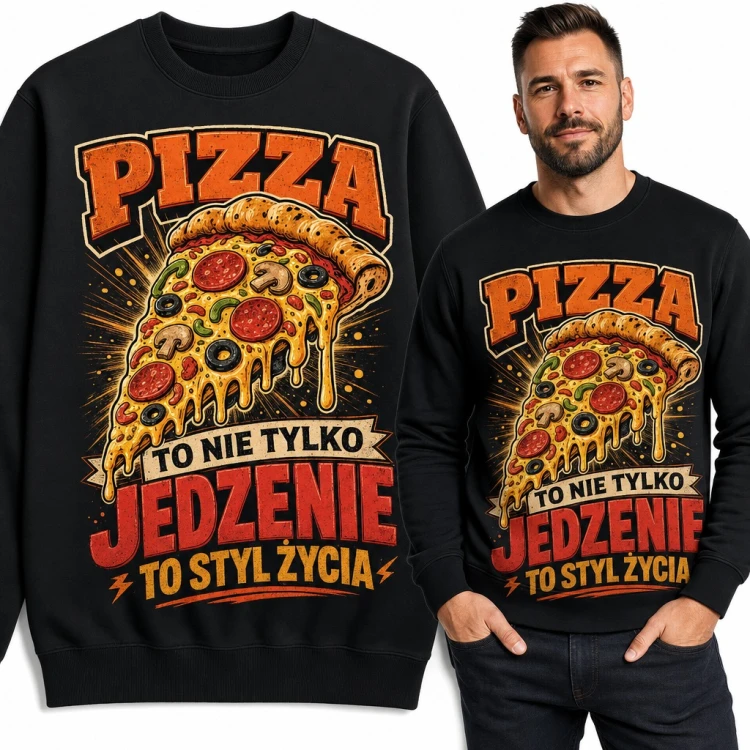 Bluza męska bez kaptura „Pizza to nie tylko jedzenie, to styl życia” - kawałek pepperoni z ciągnącym serem