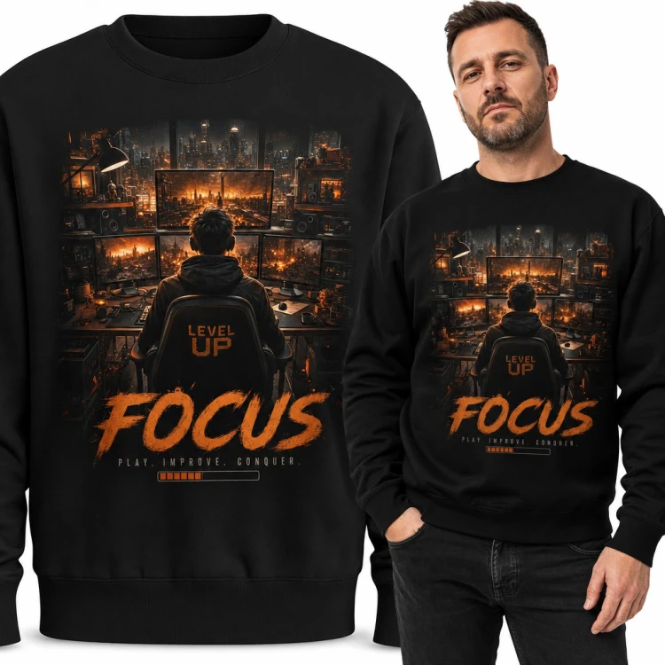 Bluza męska bez kaptura - „Focus” gracz przy stanowisku z monitorami dla gamera