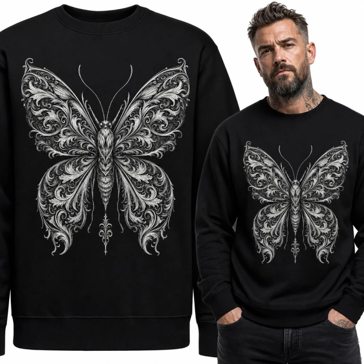 Bluza męska bez kaptura - ornamentalny motyl w barokowe zawijasy