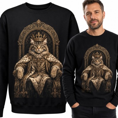 Bluza męska bez kaptura - kot król na złotym tronie w koronie
