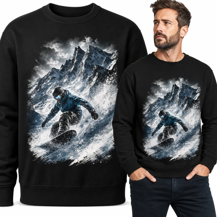 Bluza męska bez kaptura - snowboardzista na górskim stoku dla fana sportów zimowych
