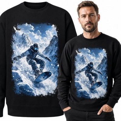 Bluza męska bez kaptura - snowboardzista w puchu na tle ośnieżonych szczytów