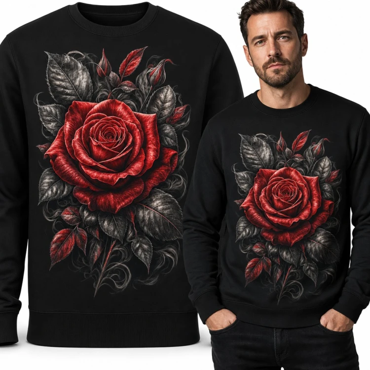 Bluza męska bez kaptura - czerwona róża z ciemnymi liśćmi w stylu tattoo