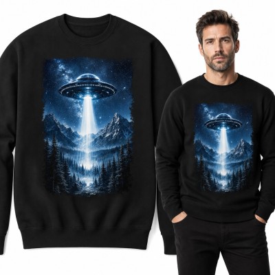 Bluza męska bez kaptura - UFO nad górami i lasem nocą