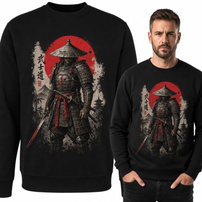 Bluza męska bez kaptura - samuraj z kataną i czerwonym słońcem