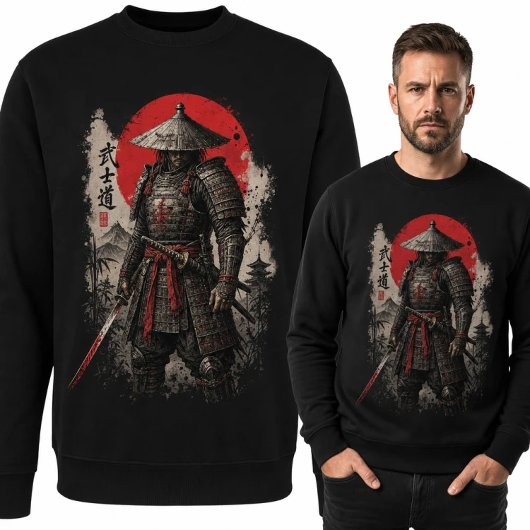 Bluza męska bez kaptura - samuraj z kataną i czerwonym słońcem