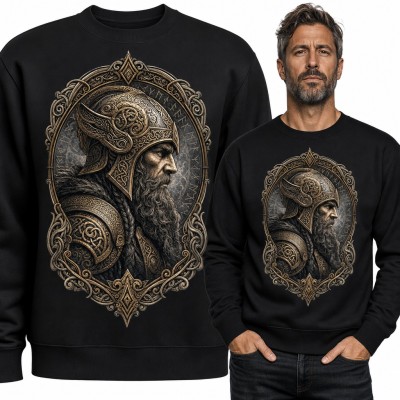 Bluza męska bez kaptura - wiking w zdobionym hełmie w ramie z runami