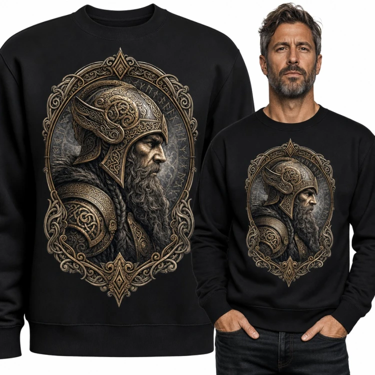 Bluza męska bez kaptura - wiking w zdobionym hełmie w ramie z runami