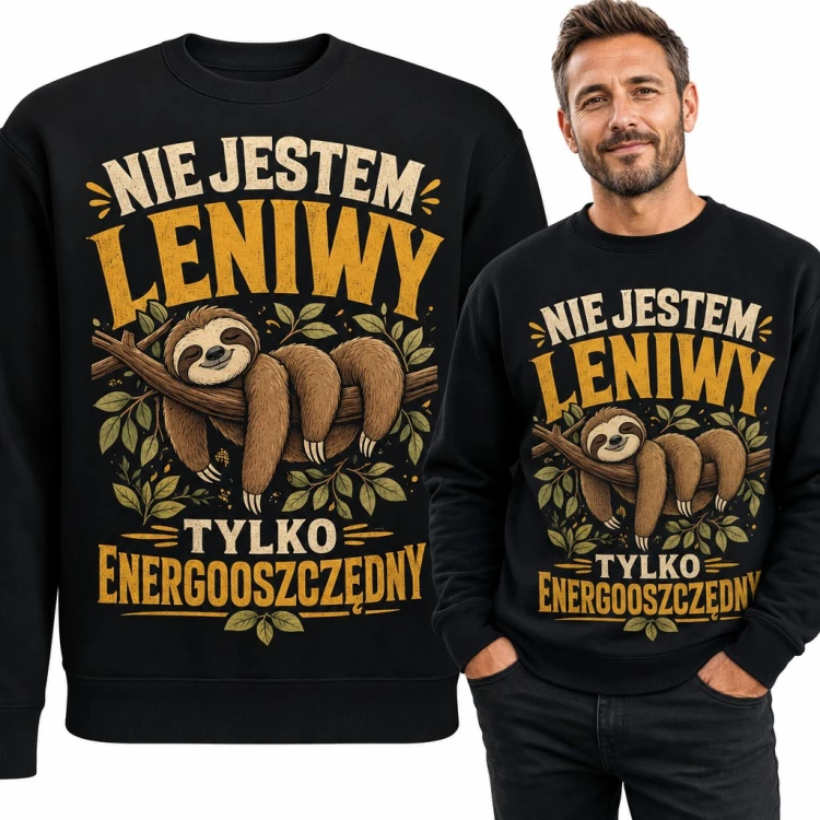 Bluza męska bez kaptura - leniwiec na gałęzi „Nie jestem leniwy tylko energooszczędny”