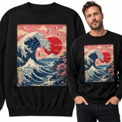 Bluza męska bez kaptura - wielka fala, góra Fuji i żurawie w stylu japońskiego drzeworytu