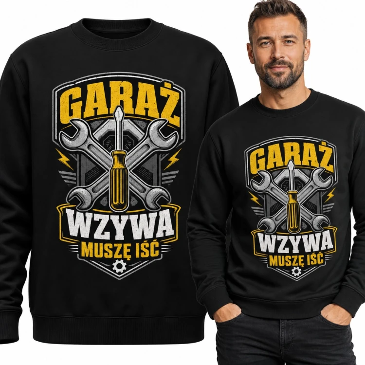 Bluza męska bez kaptura „Garaż wzywa, muszę iść” - klucze i śrubokręt dla mechanika