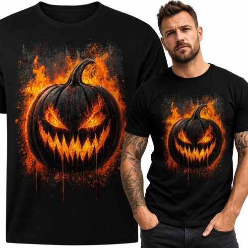 Koszulka męska z płonącą dynią jack-o’-lantern - mroczny motyw na Halloween