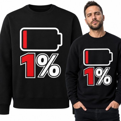 Bluza męska bez kaptura - rozładowana bateria „1%” dla zmęczonego