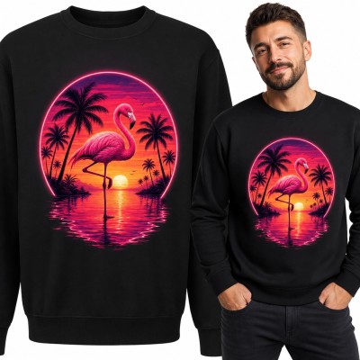 Bluza męska bez kaptura - różowy flaming i palmy w neonowym zachodzie słońca