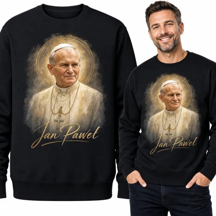 Bluza męska bez kaptura - „Jan Paweł” portret papieża w złotej aureoli