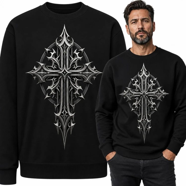 Bluza męska bez kaptura - gotycki krzyż z kolcami w metalicznym stylu