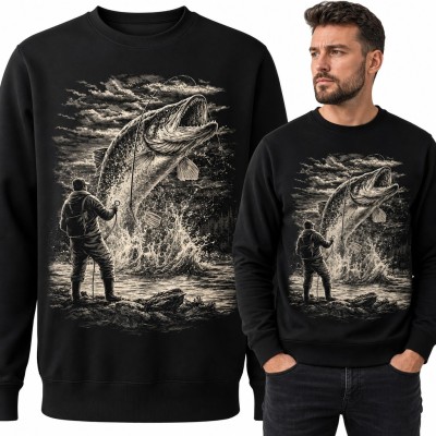 Bluza męska bez kaptura - wędkarz i wyskakujący szczupak dla wędkarza
