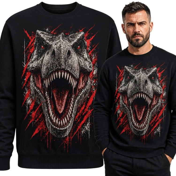 Bluza męska bez kaptura - ryczący T-Rex z czerwonymi oczami