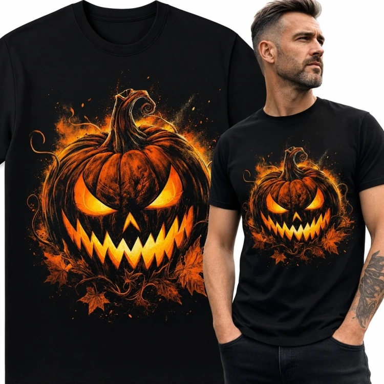 Koszulka męska z demoniczną dynią jack-o’-lantern na Halloween - mroczny nadruk