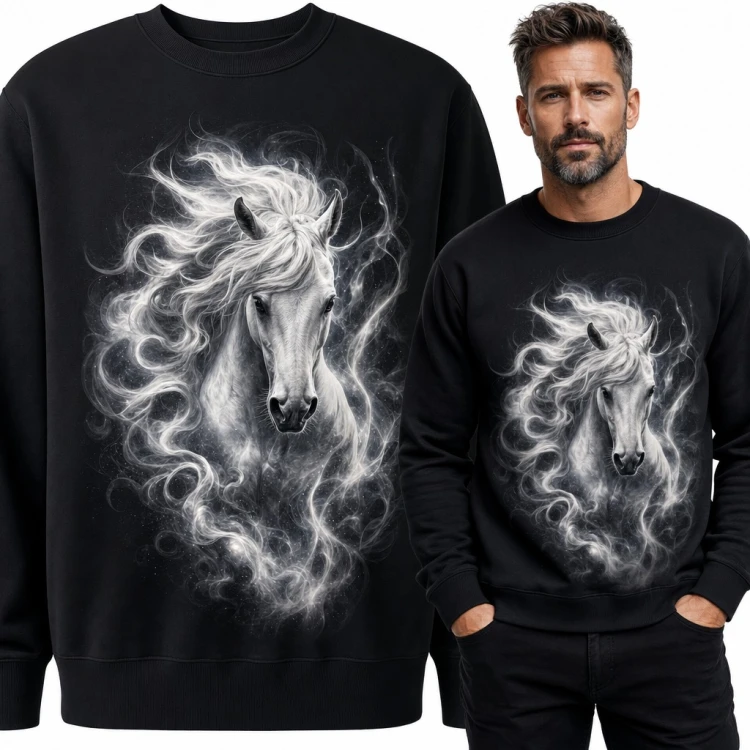 Bluza męska bez kaptura - biały koń z grzywą z dymu