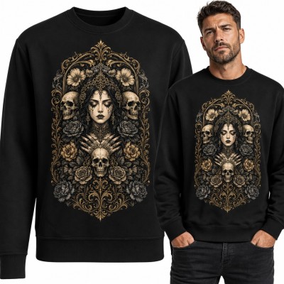 Bluza męska bez kaptura - gotycka dama z czaszkami i różami w złotej ramie