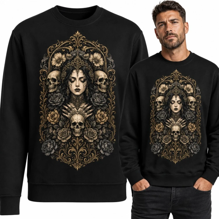 Bluza męska bez kaptura - gotycka dama z czaszkami i różami w złotej ramie