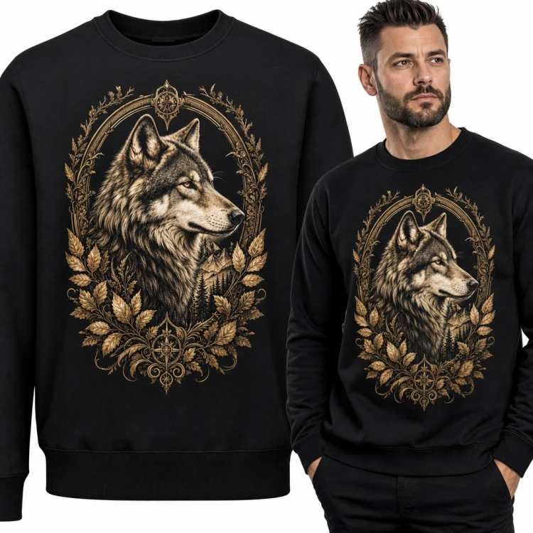 Bluza męska bez kaptura - wilk w złotej ornamentowej ramie z liśćmi