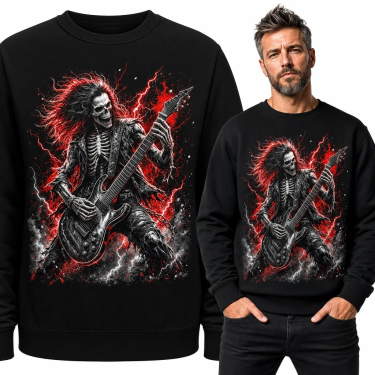 Bluza męska bez kaptura - szkielet gitarzysta metalowy w czerwonych błyskawicach