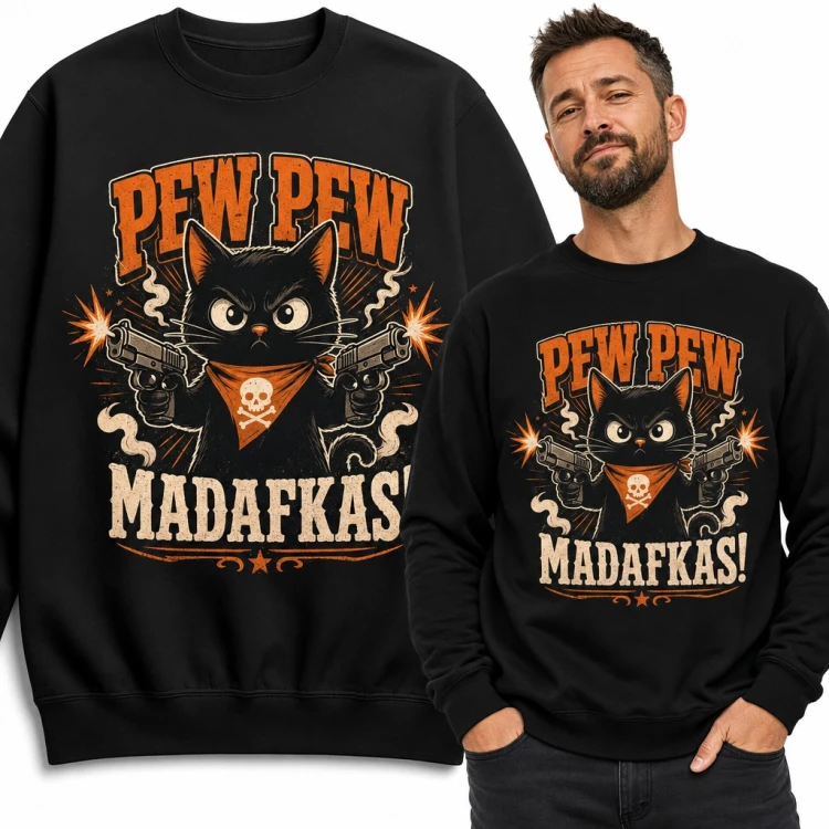 Bluza męska bez kaptura - czarny kot z pistoletami „Pew pew madafkas!”