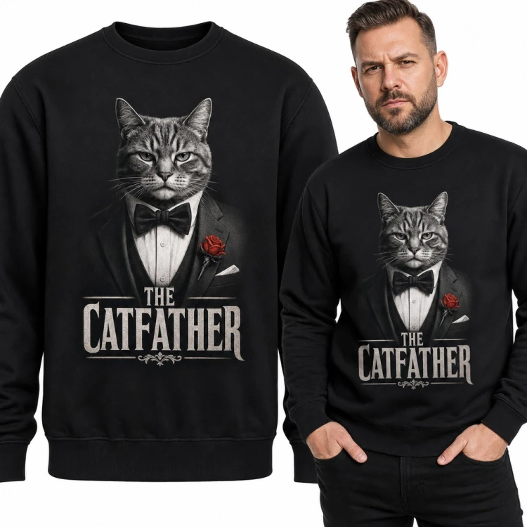Bluza męska bez kaptura - kot mafioso w smokingu z różą „The Catfather”