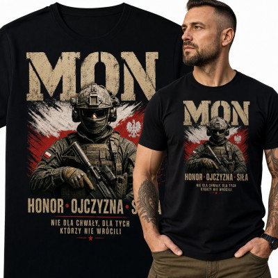 Koszulka męska militarna z żołnierzem i napisem „MON” - patriotyczny wzór