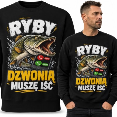 Bluza męska bez kaptura - szczupak i telefon „Ryby dzwonią muszę iść” dla wędkarza