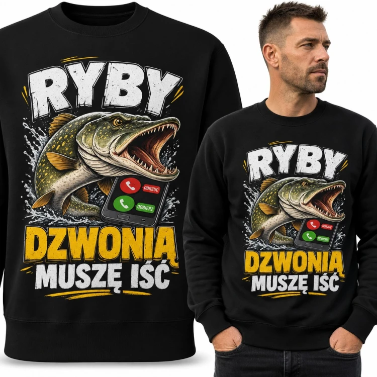 Bluza męska bez kaptura - szczupak i telefon „Ryby dzwonią muszę iść” dla wędkarza