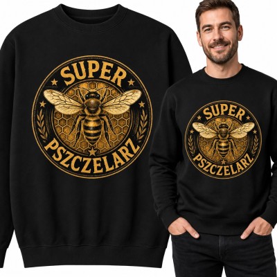 Bluza męska bez kaptura „Super pszczelarz” - pszczoła na plastrze miodu
