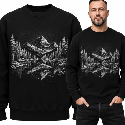Bluza męska bez kaptura - górski szczyt odbity w jeziorze wśród świerków