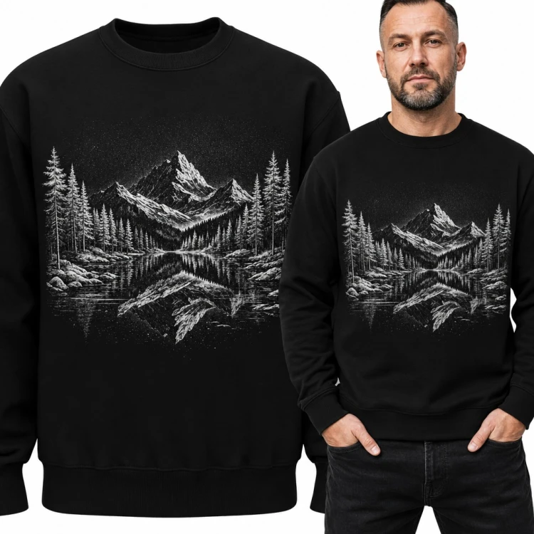Bluza męska bez kaptura - górski szczyt odbity w jeziorze wśród świerków