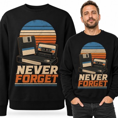 Bluza męska bez kaptura - „Never forget” z kasetą, dyskietką i VHS w stylu retro