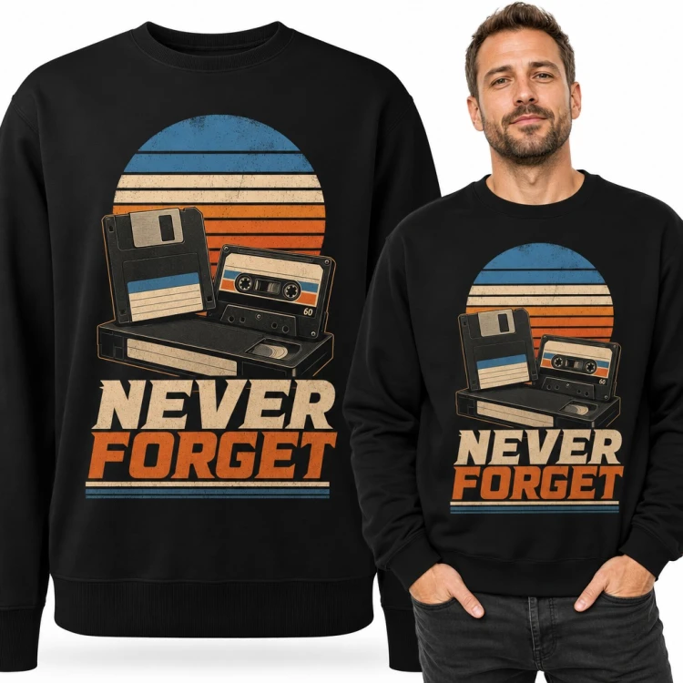 Bluza męska bez kaptura - „Never forget” z kasetą, dyskietką i VHS w stylu retro