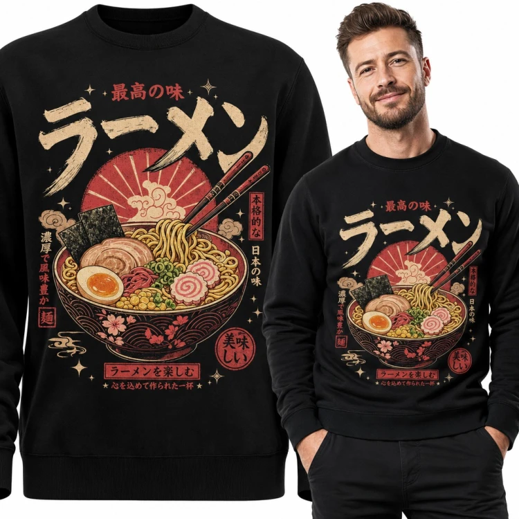 Bluza męska bez kaptura - japoński ramen „ラーメン” z pałeczkami i wschodzącym słońcem