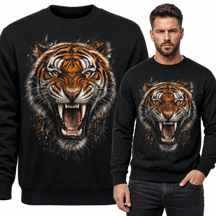 Bluza męska bez kaptura - ryczący tygrys z odsłoniętymi kłami