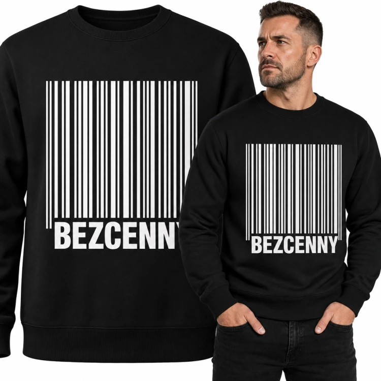Bluza męska bez kaptura - kod kreskowy z napisem „Bezcenny”