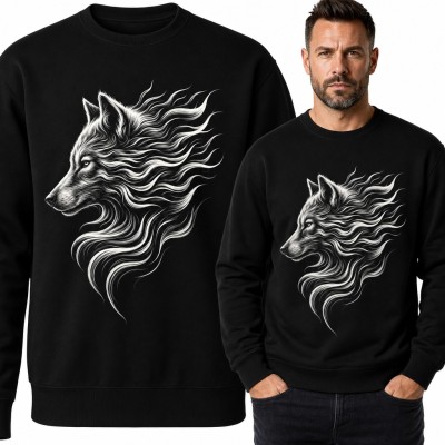 Bluza męska bez kaptura - głowa wilka z sierścią rozwianą jak płomienie