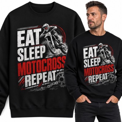 Bluza męska bez kaptura - „Eat Sleep Motocross Repeat” z crossowcem w skoku dla motocyklisty