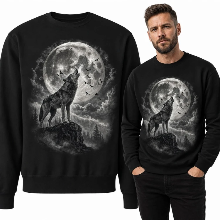 Bluza męska bez kaptura - wyjący wilk na tle pełni księżyca