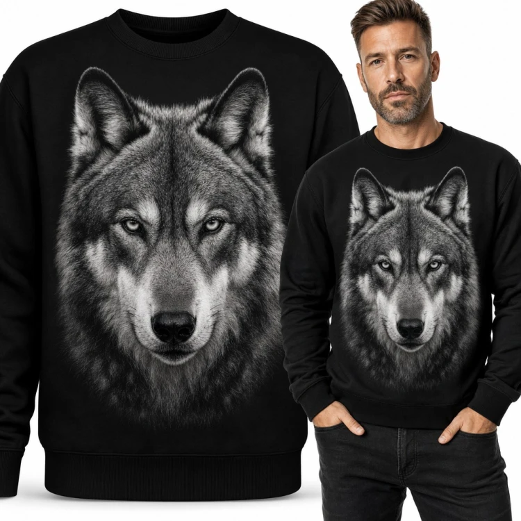 Bluza męska bez kaptura - realistyczna głowa wilka o przenikliwym spojrzeniu