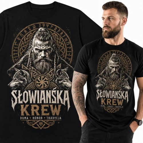 Koszulka męska „Słowiańska krew” - słowiański wojownik i wilki