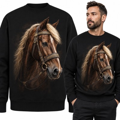 Bluza męska bez kaptura - realistyczny koń z jasną grzywą w zdobionym ogłowiu